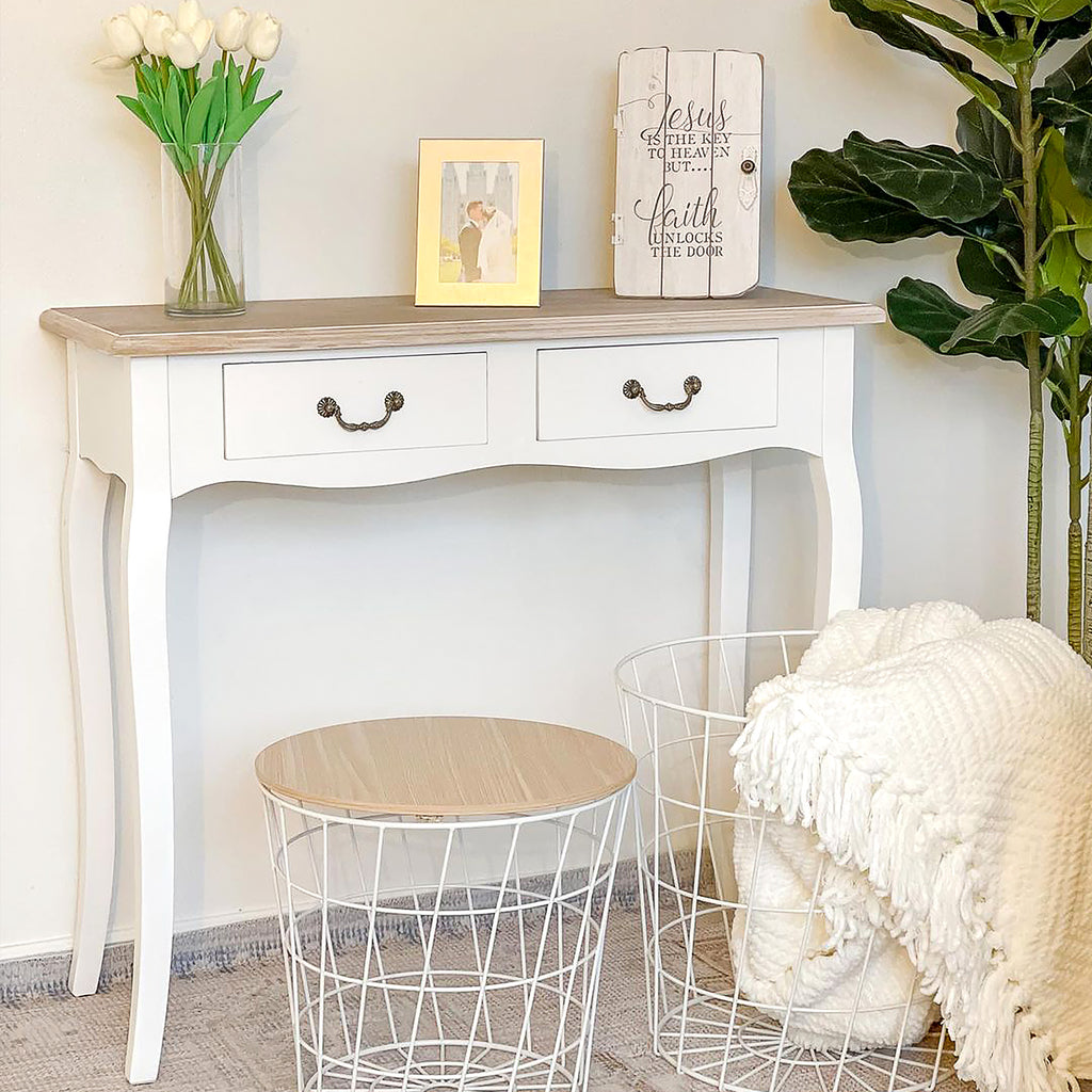 Table Console Table d'entrée Bout de Canapé Style Mexicain 2 tiroirs dim. 87L x 34l x 78H cm MDF Bois Massif pin Clair Blanc-7