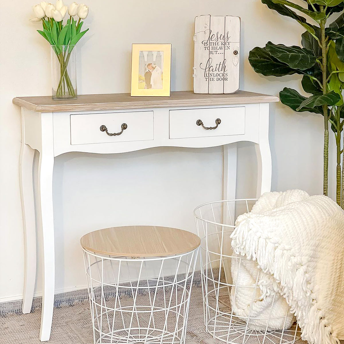 Table Console Table d'entrée Bout de Canapé Style Mexicain 2 tiroirs dim. 87L x 34l x 78H cm MDF Bois Massif pin Clair Blanc-7