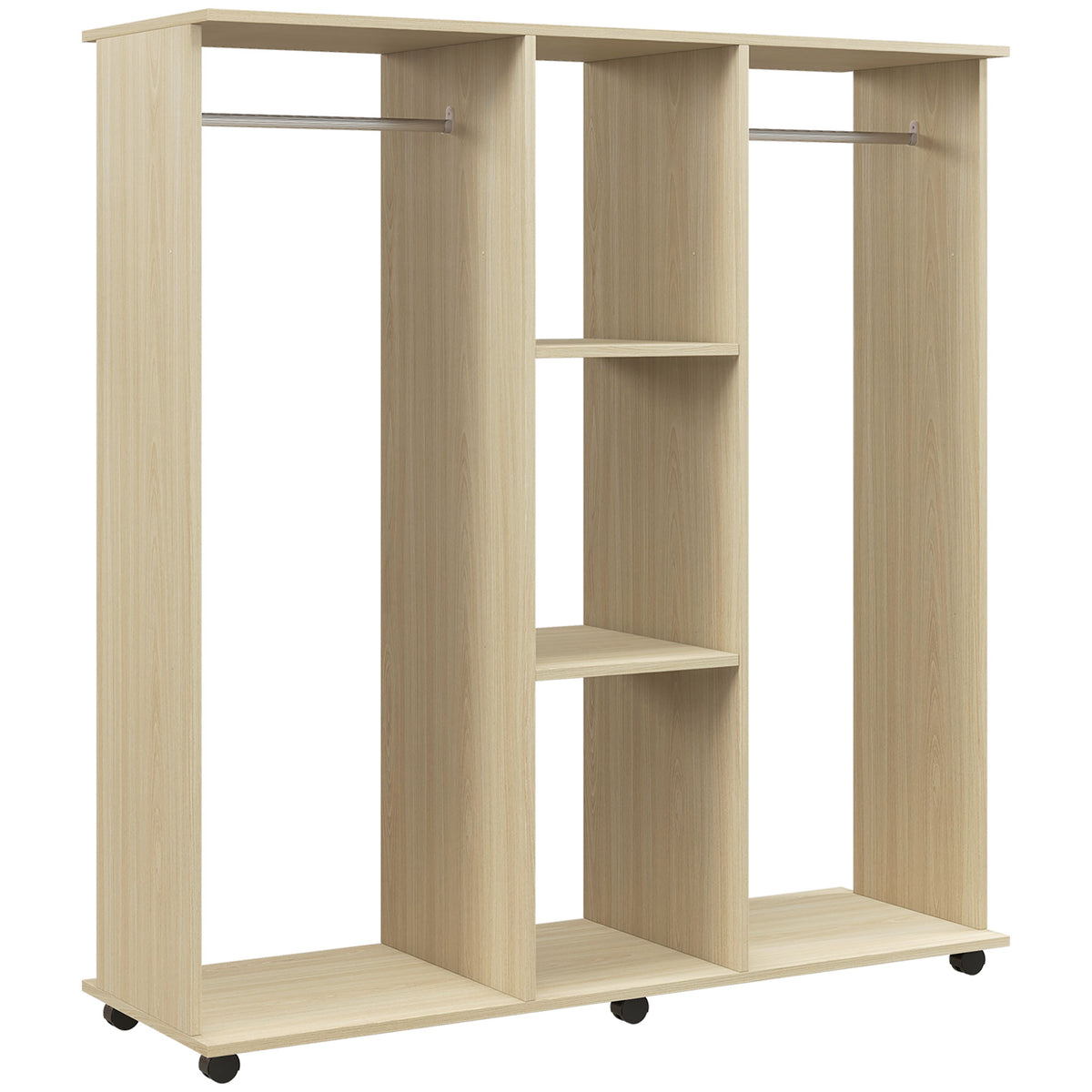 Armoire penderie Meuble de Rangement Mobile 6 roulettes 120L x 40l x 128H cm en bois naturel-0