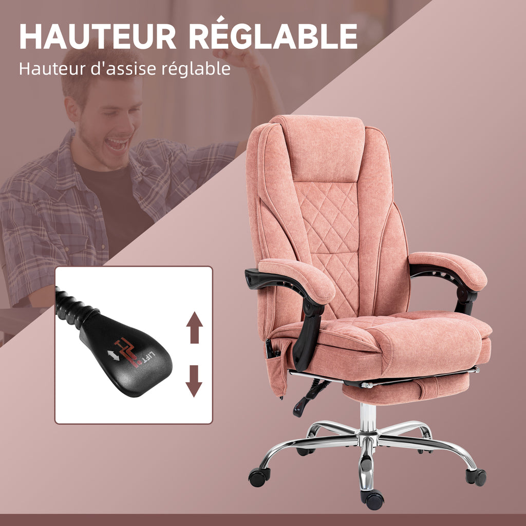 Fauteuil de bureau massant et chauffant hauteur réglable dossier inclinable télécommande repose-pieds rétractable rose-4
