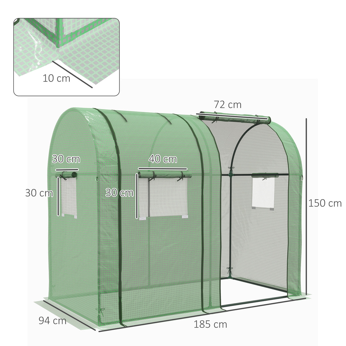 Serre de jardin 1,8 m² dim. 1,85L x 0,9l x 1,5H m 2 Portes zippées déroulantes 4 fenêtres enroulables Acier PE Vert-2