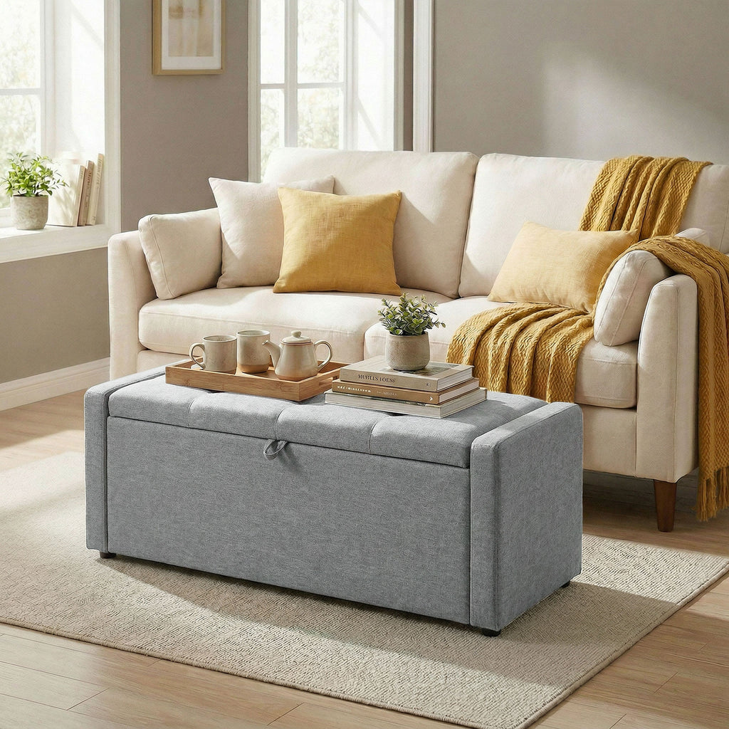 Banc de rangement, bout de lit, repose-pieds rembourré en lin avec assise large, 122 x 48 x 44 cm, gris clair-9
