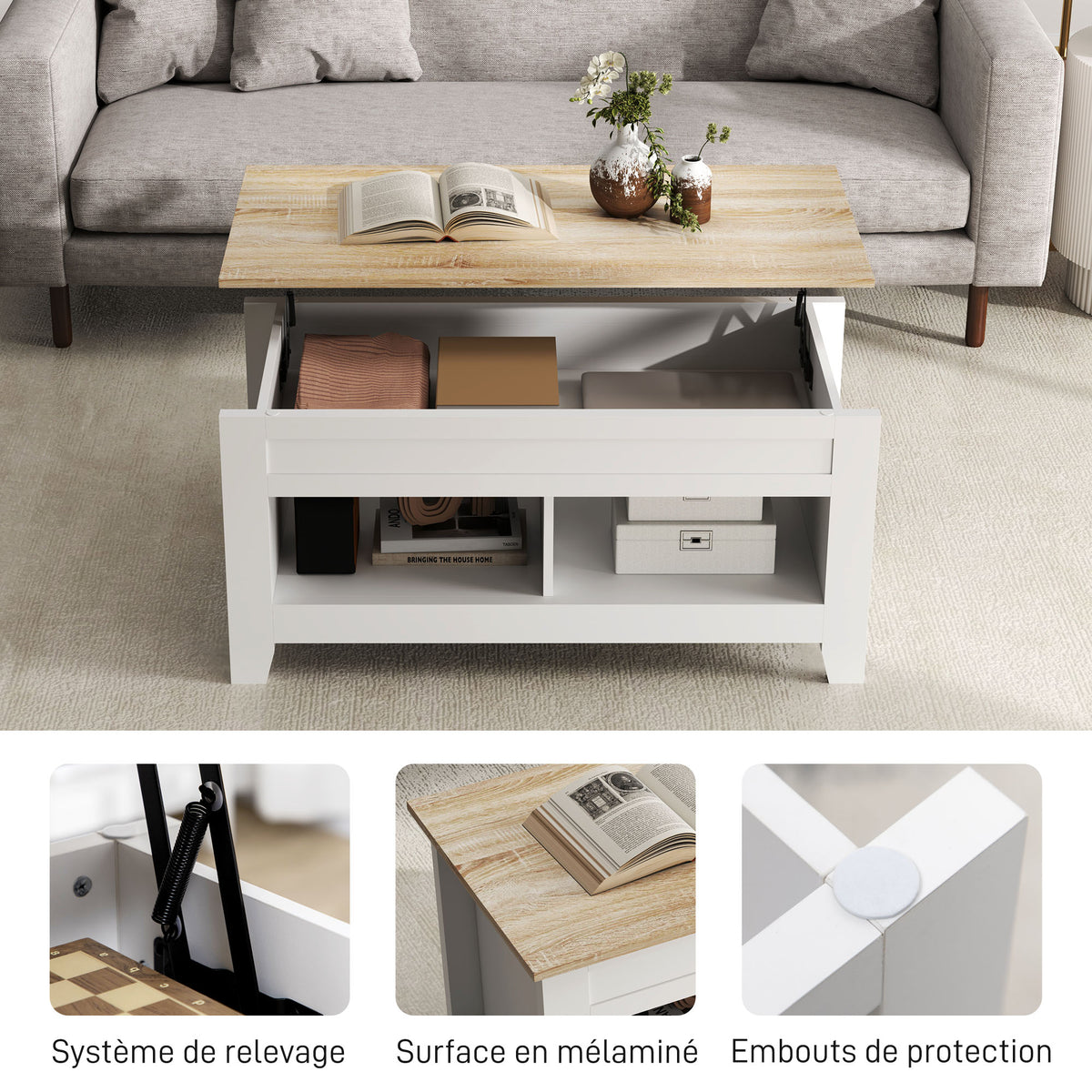 Table basse plateau relevable, table de salon avec étagères et compartiment caché,105 x 50 x 49-62,5 cm blanc-5