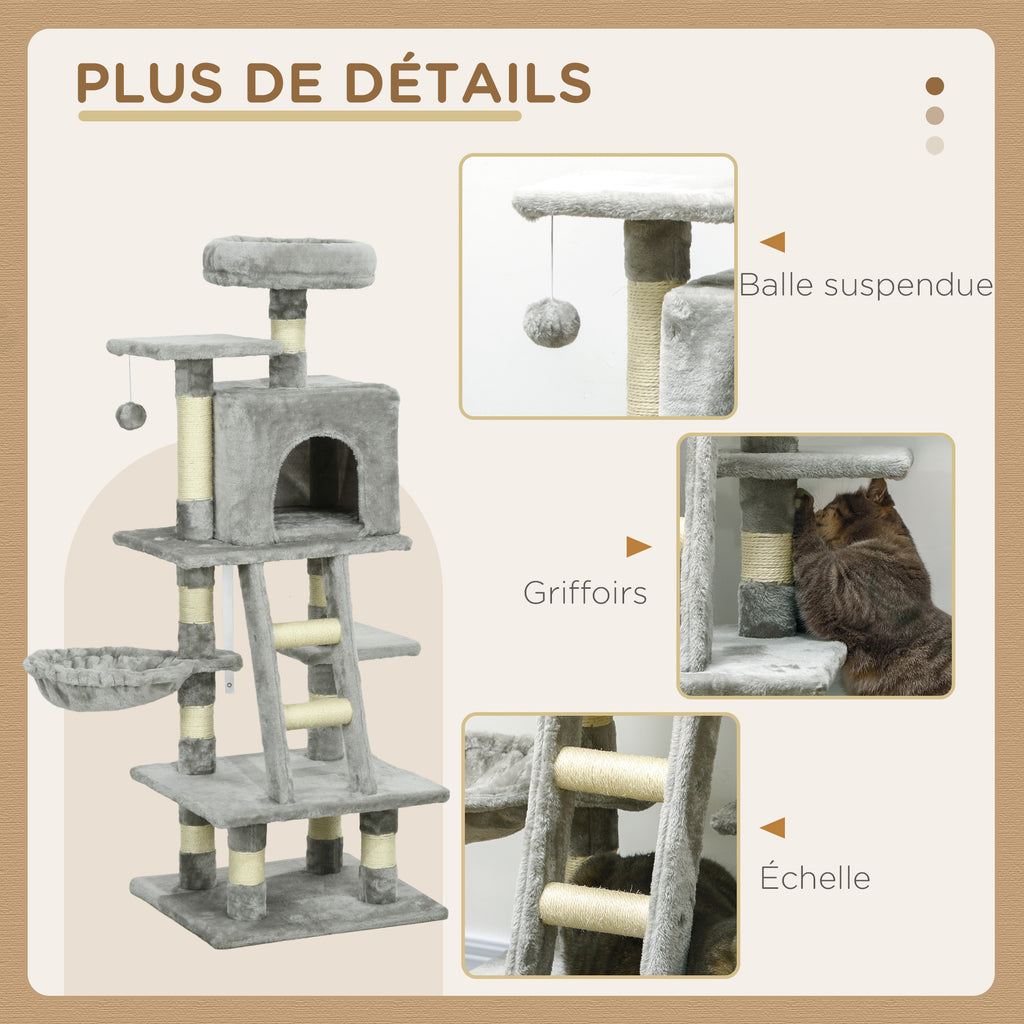 Arbre à chats multi-équipements griffoirs grattoirs niches plate-formes + échelle + hamac+ boule suspendue gris-4