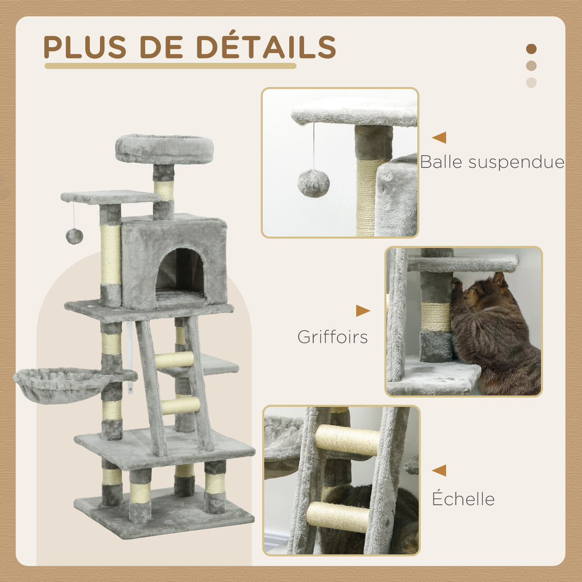 Arbre à chats multi-équipements griffoirs grattoirs niches plate-formes + échelle + hamac+ boule suspendue gris-4