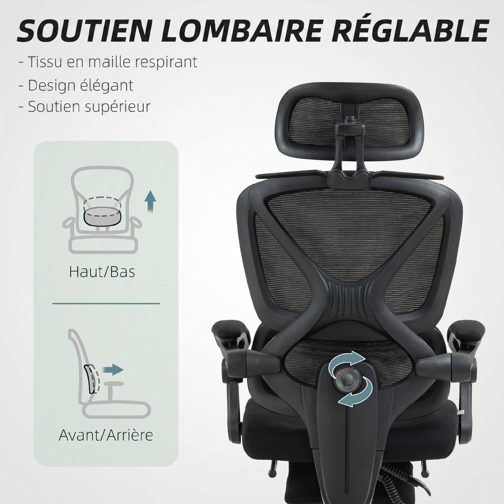 Chaise Bureau Ergonomique avec Appui-Tête Réglable, Fauteuil de Bureau Inclinable en Maille, Dossier Séparé, Noir-4
