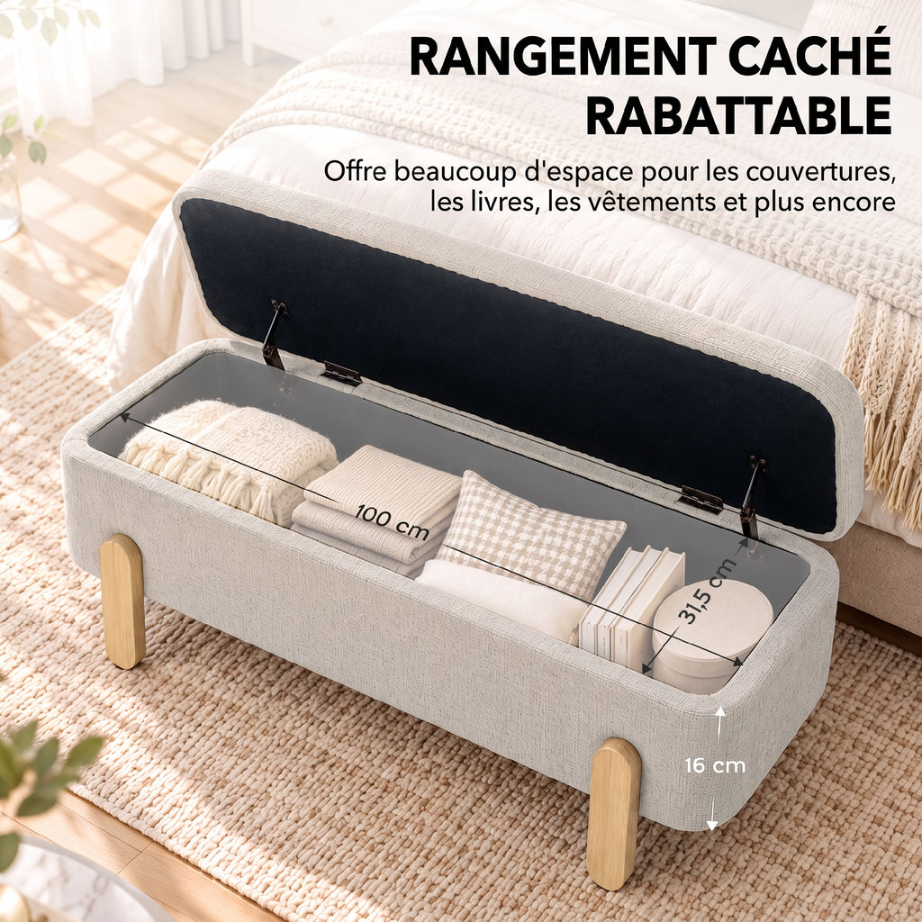 Banc Coffre de Rangement 108 cm, Bout de Lit en Chenille avec Pieds en Bois, Style Moderne, Charge Max. 220 kg, Beige-3