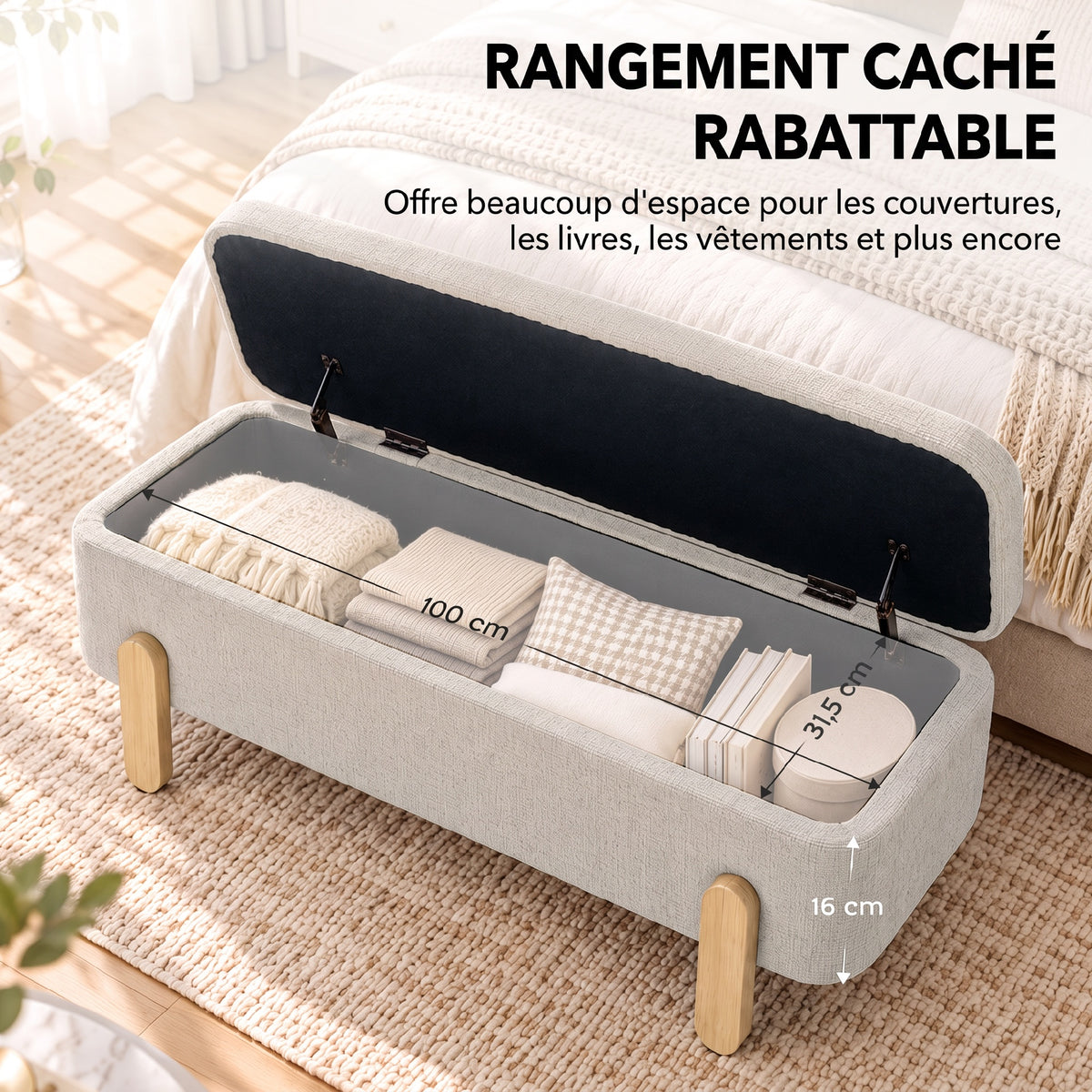 Banc Coffre de Rangement 108 cm, Bout de Lit en Chenille avec Pieds en Bois, Style Moderne, Charge Max. 220 kg, Beige-3