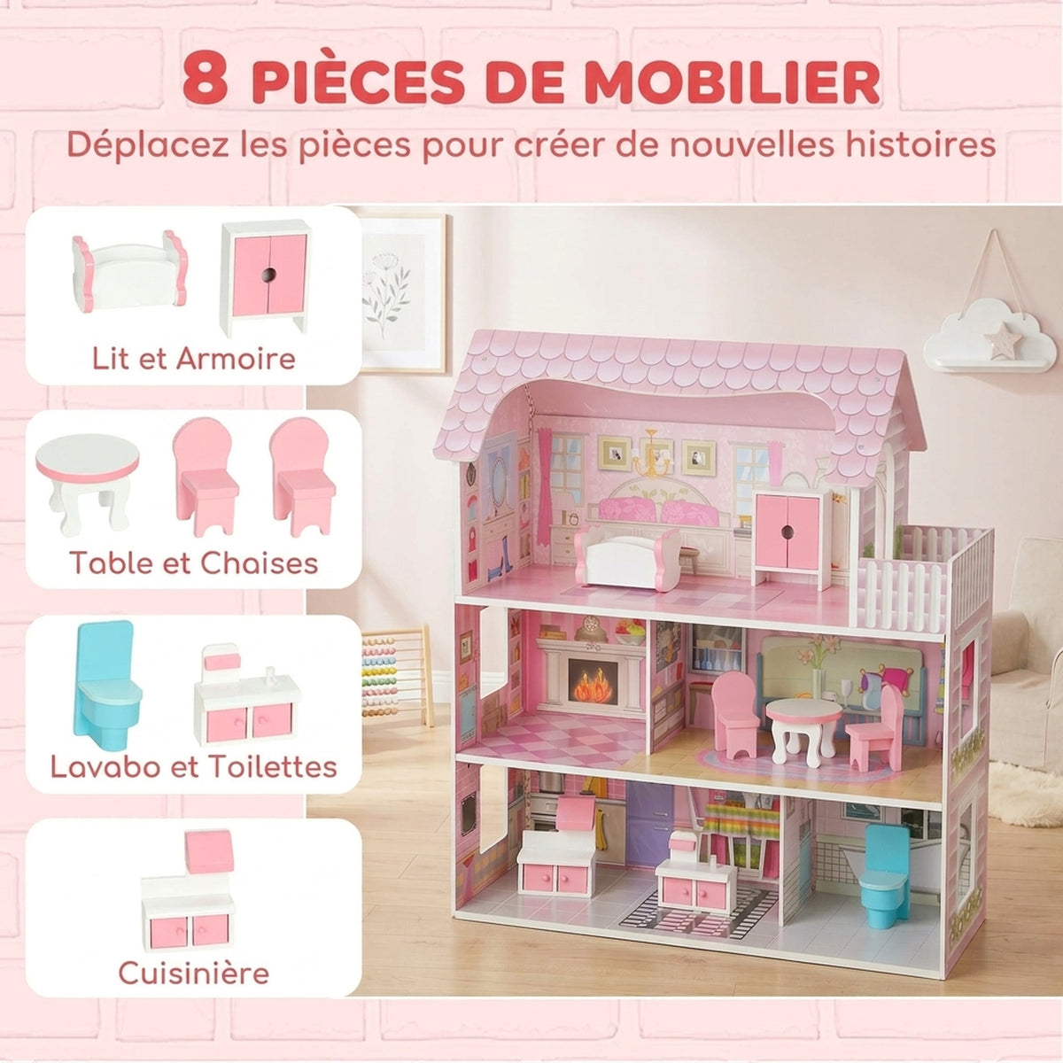 Maison de Poupée en Bois pour Enfants, Maison de Rêve Filles, 6 Pièces, Éclairage LED et 8 Meubles, 3-6 ans, Rose-4