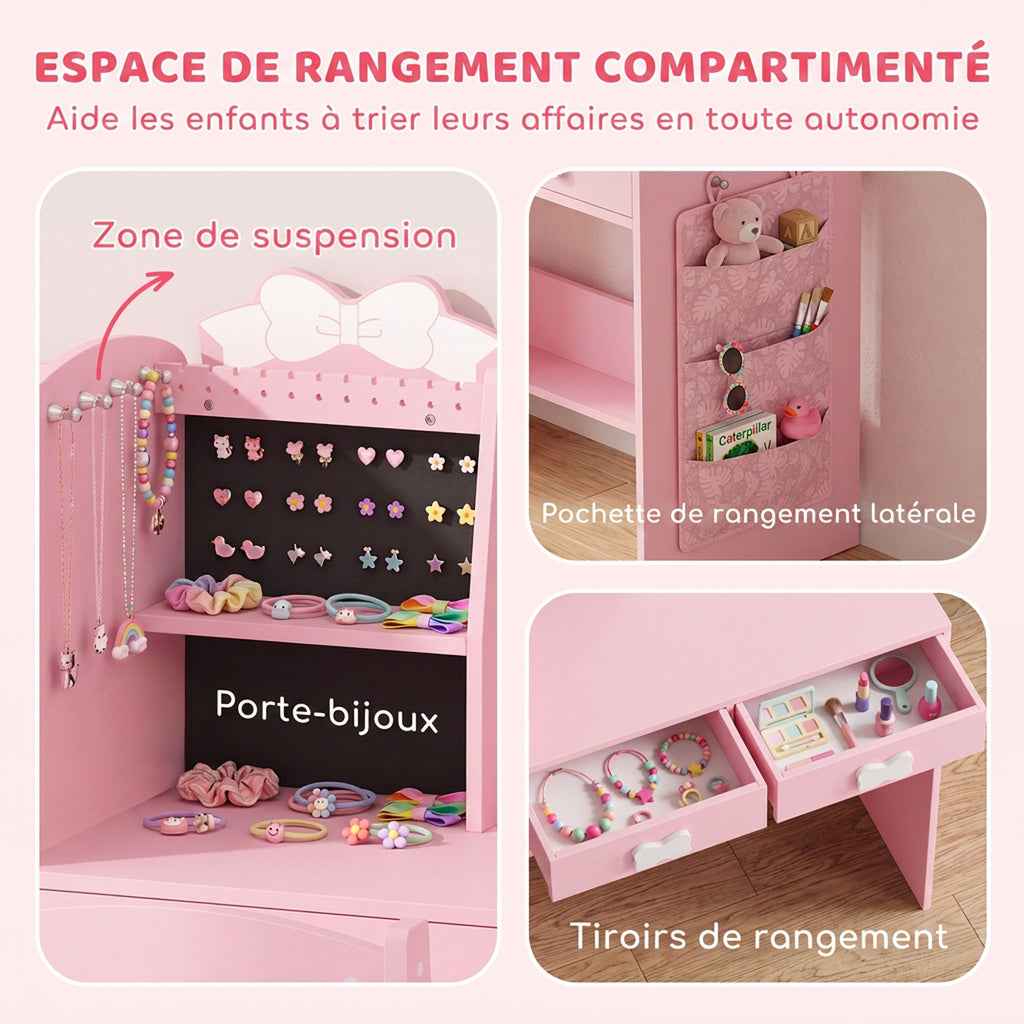 Coiffeuse pour Enfants avec Tabouret et Miroir Lumineux à 2 Couleurs en Acrylique, Coiffeuse Bureau Fille 3-8 Ans, Rose-5