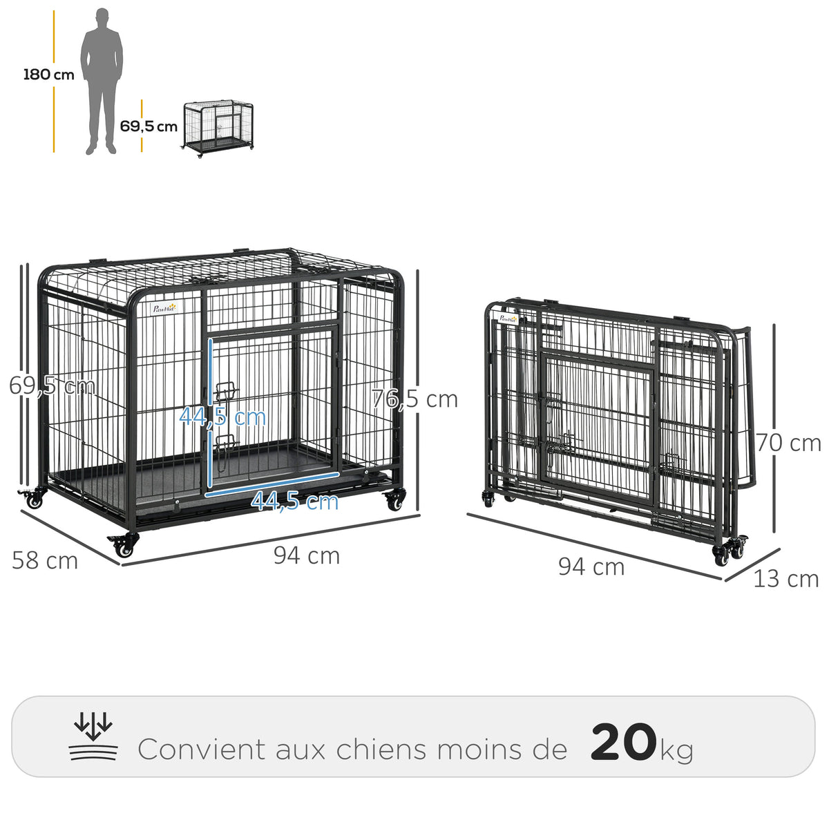 Cage pour chien pliable cage de transport sur roulettes 2 portes verrouillables plateau amovible dim. 94L x 58l x 69,5H cm métal gris noir-2