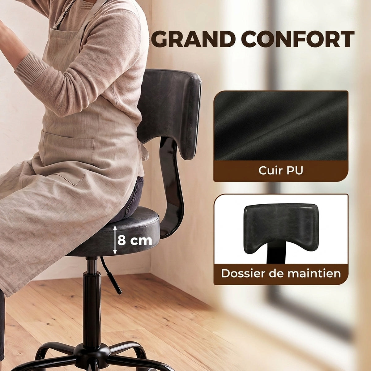 Tabouret à Roulettes, Hauteur Réglable 72-87,5cm, Tabouret de Massage Assise et Dossier Rembourrés, Pivotant 360°, Noir-5