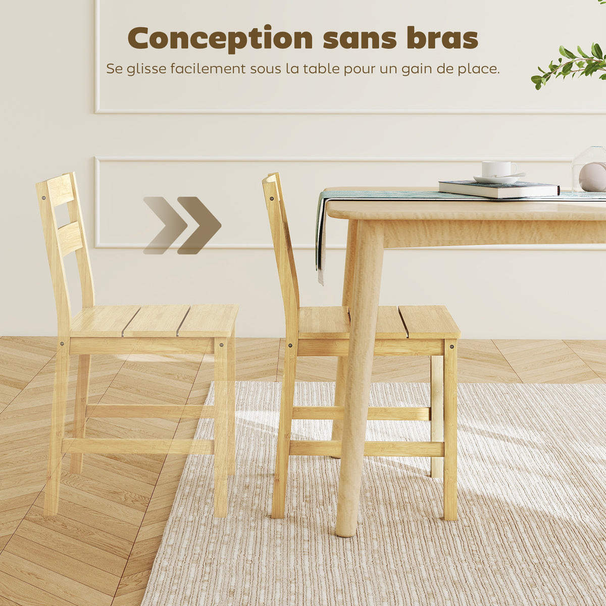 Lot de 2 chaises de salle à manger en bambou, chaises de cuisine sans accoudoirs avec assise à lattes, bois naturel-5