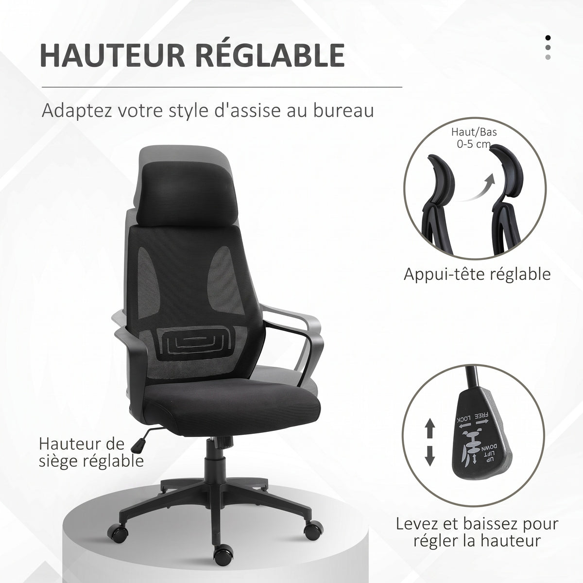 Chaise bureau ergonomique, fauteuil de bureau en maille, appui-tête, hauteur réglable, 64 x 55 x 116-126 cm, noir-3
