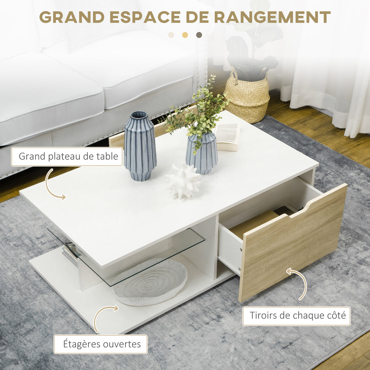 Table basse rectangulaire design contemporain 2 tiroirs 2 niches étagère verre trempé panneaux blanc aspect chêne clair-3