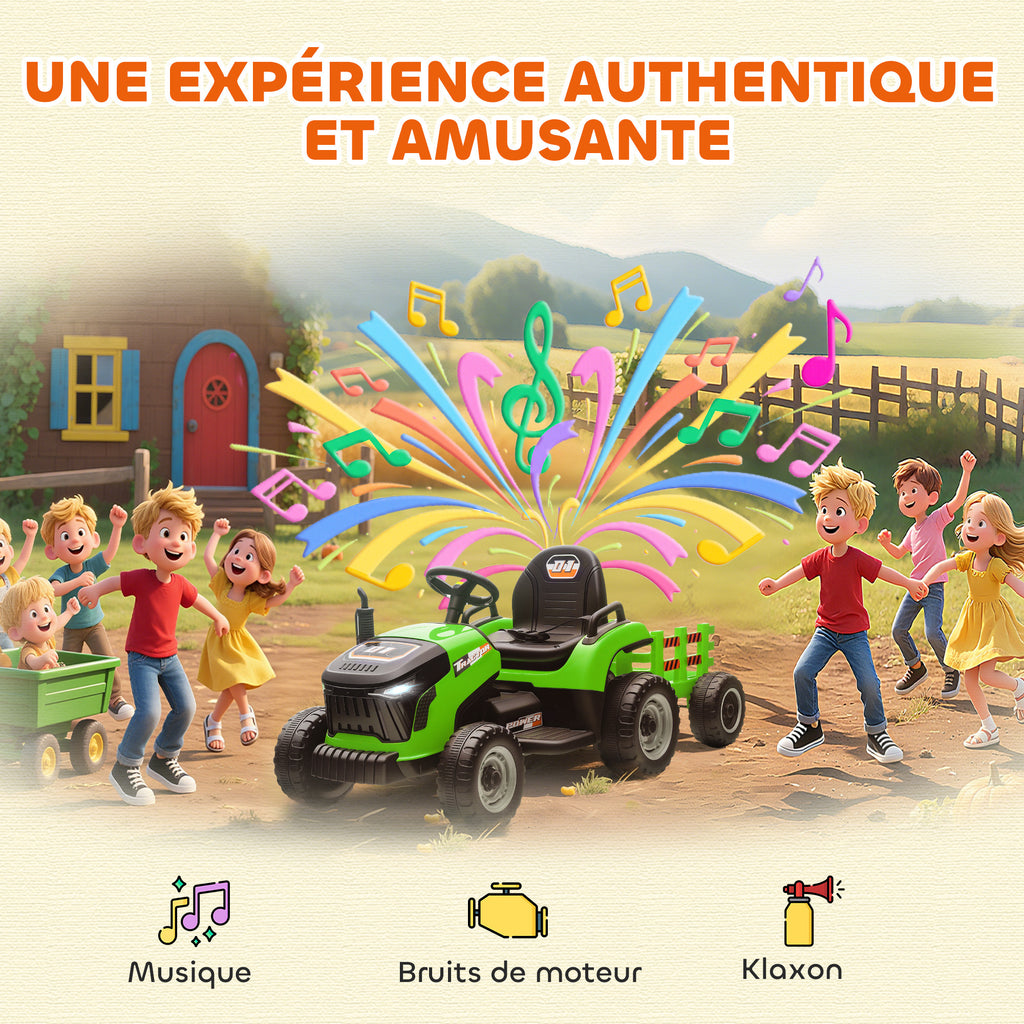 Tracteur électrique enfants avec remorque amovible, voiture électrique enfants, télécommande 2,4G, 139x58x55cm, vert-7