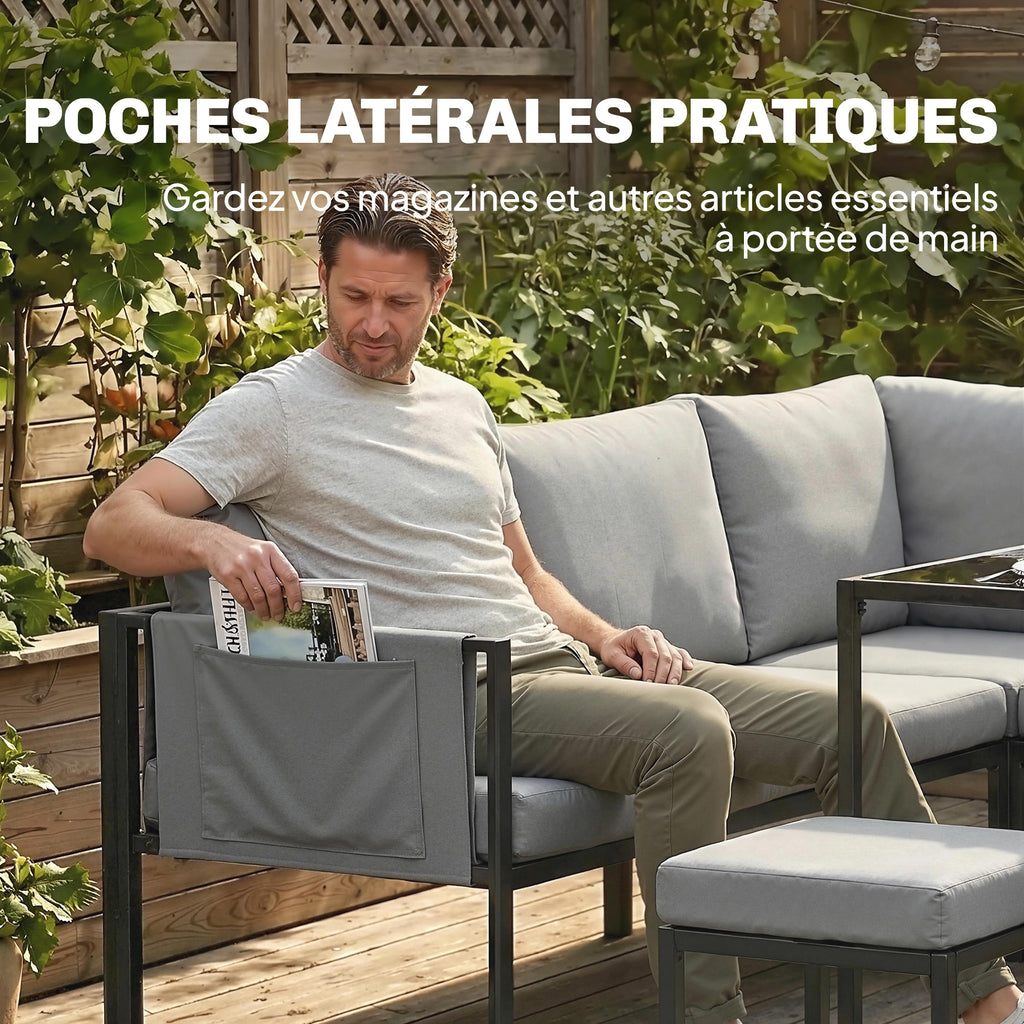 Salon de Jardin Canapé d'Angle Extérieur 6 Pièces Coussins 10cm Table Haute et 2 Repose-pieds Gris-6