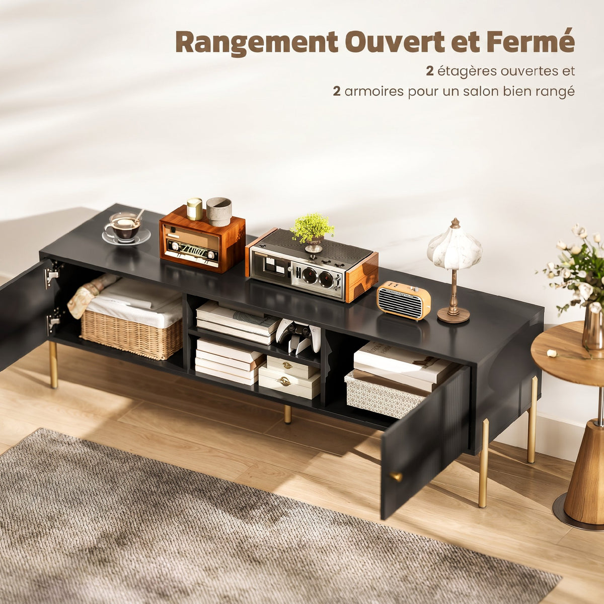 Meuble TV pour Télévision jusqu'à 65", Portes Cannelées, Compartiments Ouverts, Pieds Acier, 140 x 38 x 45,9 cm, Noir-4