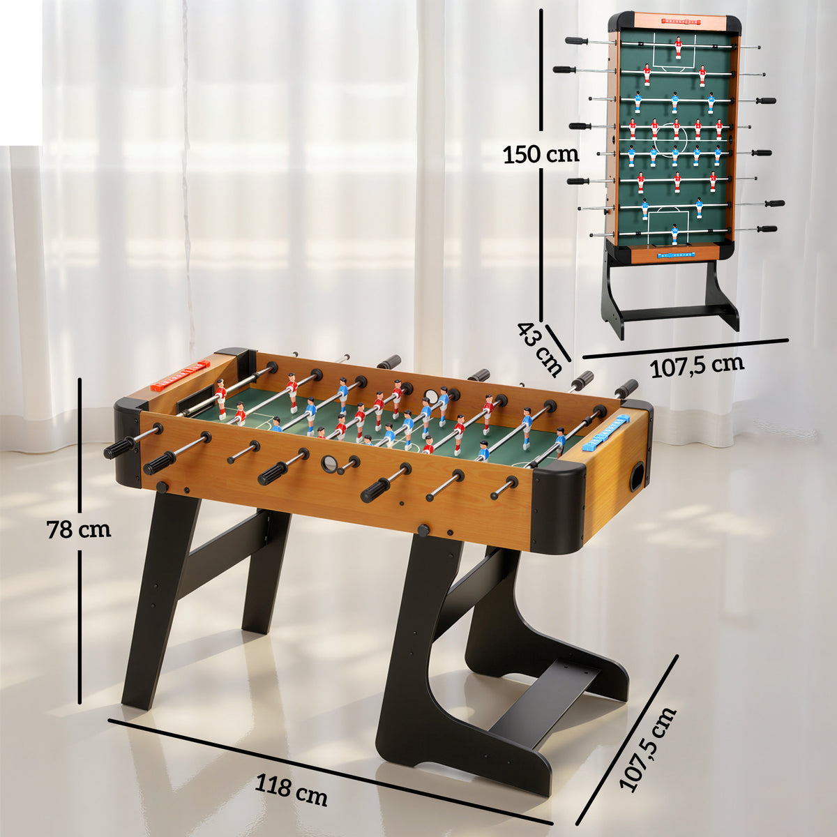 Baby-foot pliable en bois table de babyfoot pliable sur pied avec 2 balles 22 joueurs, 118 x 107,5 x 78 cm, marron-2