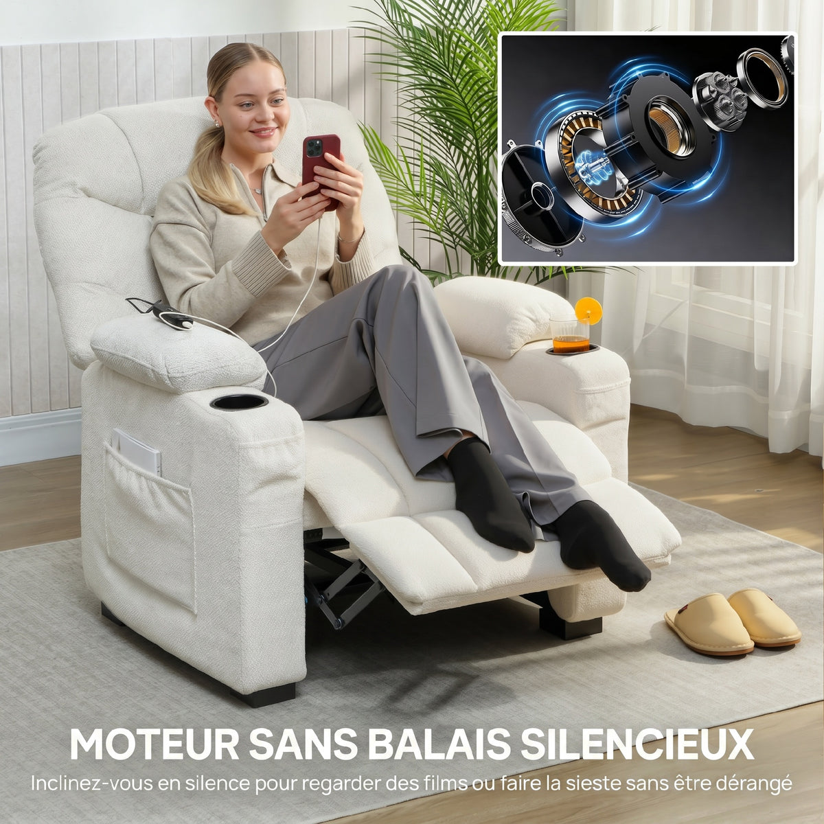 Fauteuil relax électrique, fauteuil inclinable, port USB, repose-pieds, porte-gobelets, 94 x 90 x 105 cm, crème-6