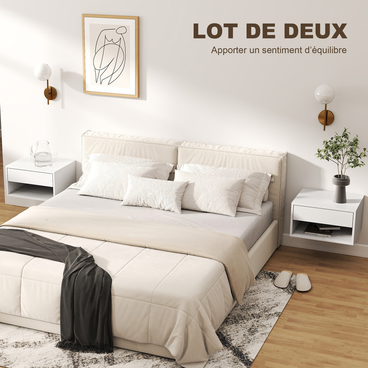 Lot de 2 tables de chevet murales, tables de nuit, tiroir, compartiment ouvert, plateau, 37 x 32 x 21 cm, blanc-3