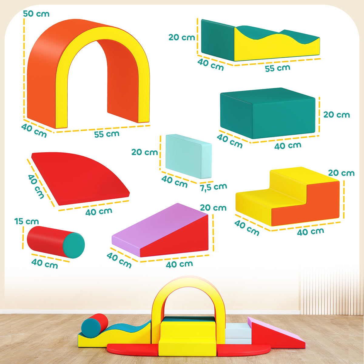 Parcours motricité bébé 10PCS, module motricité bébé en mousse EPE avec housse en revêtement PU, multicolore-2