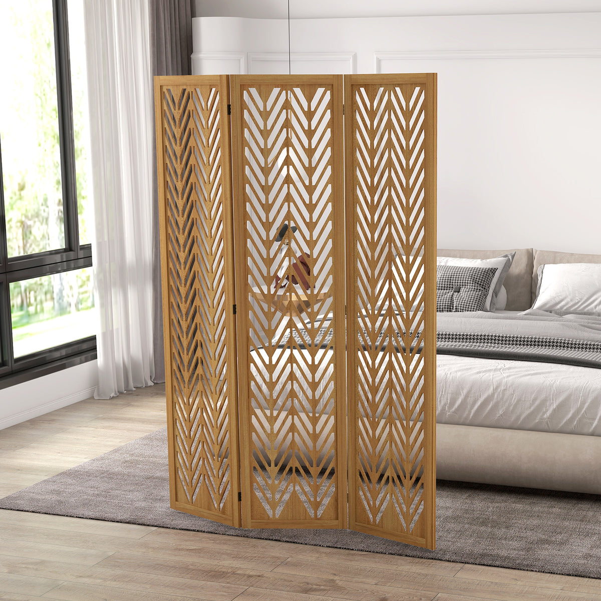 Paravent en bois ajouré séparateur de pièce closion intérieur pliable 3 panneaux en bois 120 x 170 cm naturel-1