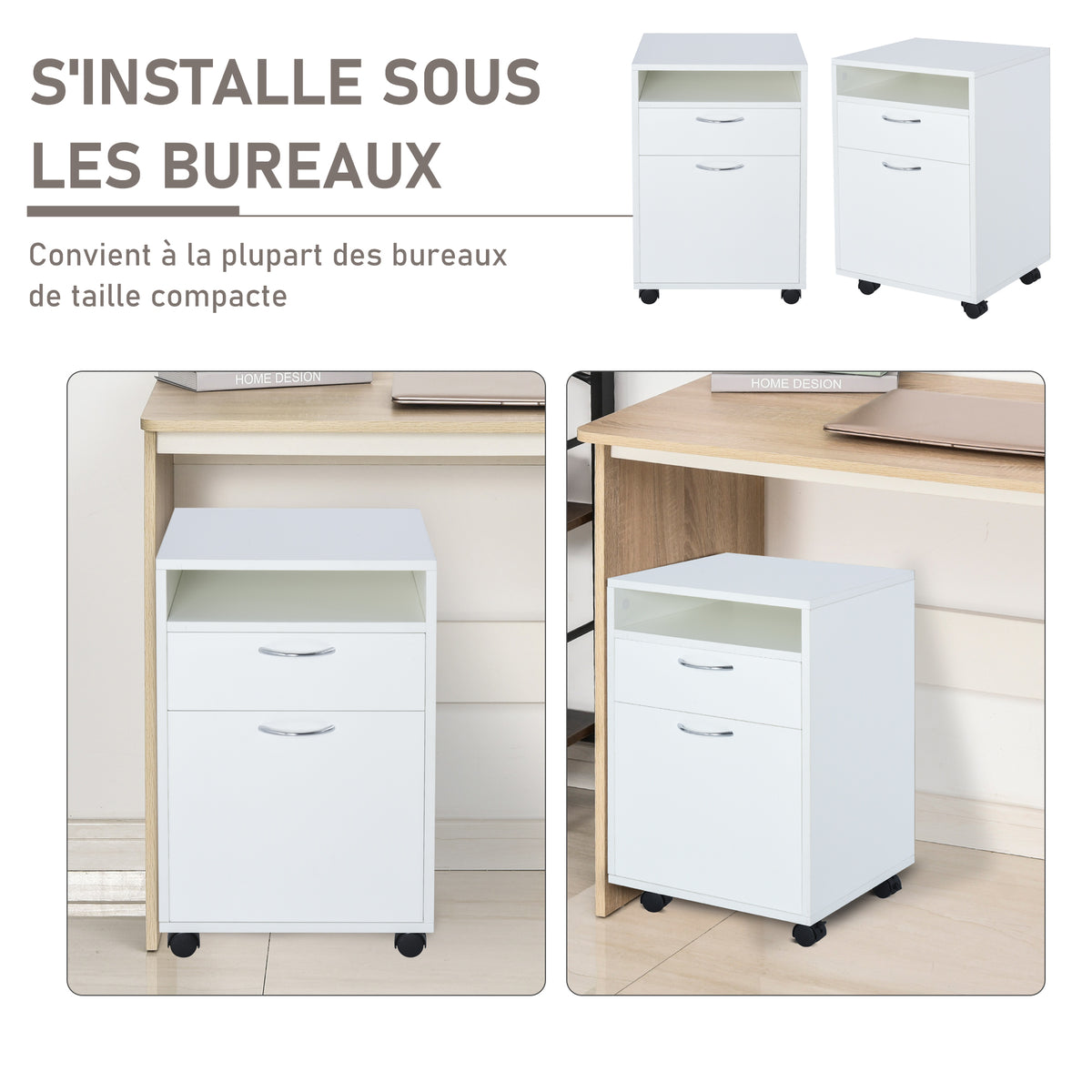 Caisson de bureau rangement bureau sur roulettes tiroir placard niche panneaux particules blanc-4