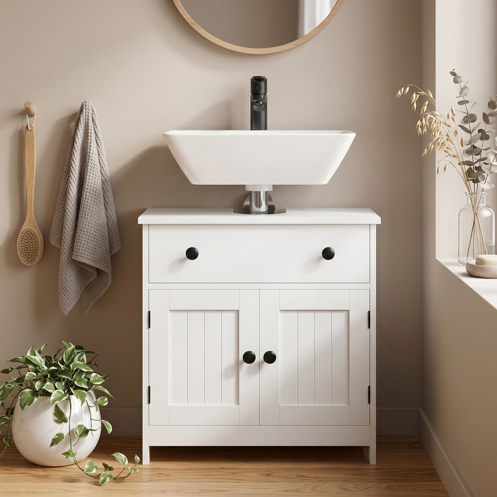 Meuble sous lavabo de salle de bain, meuble moderne sur pied avec charnières à fermeture douce, tiroir, 2 portes, blanc-7