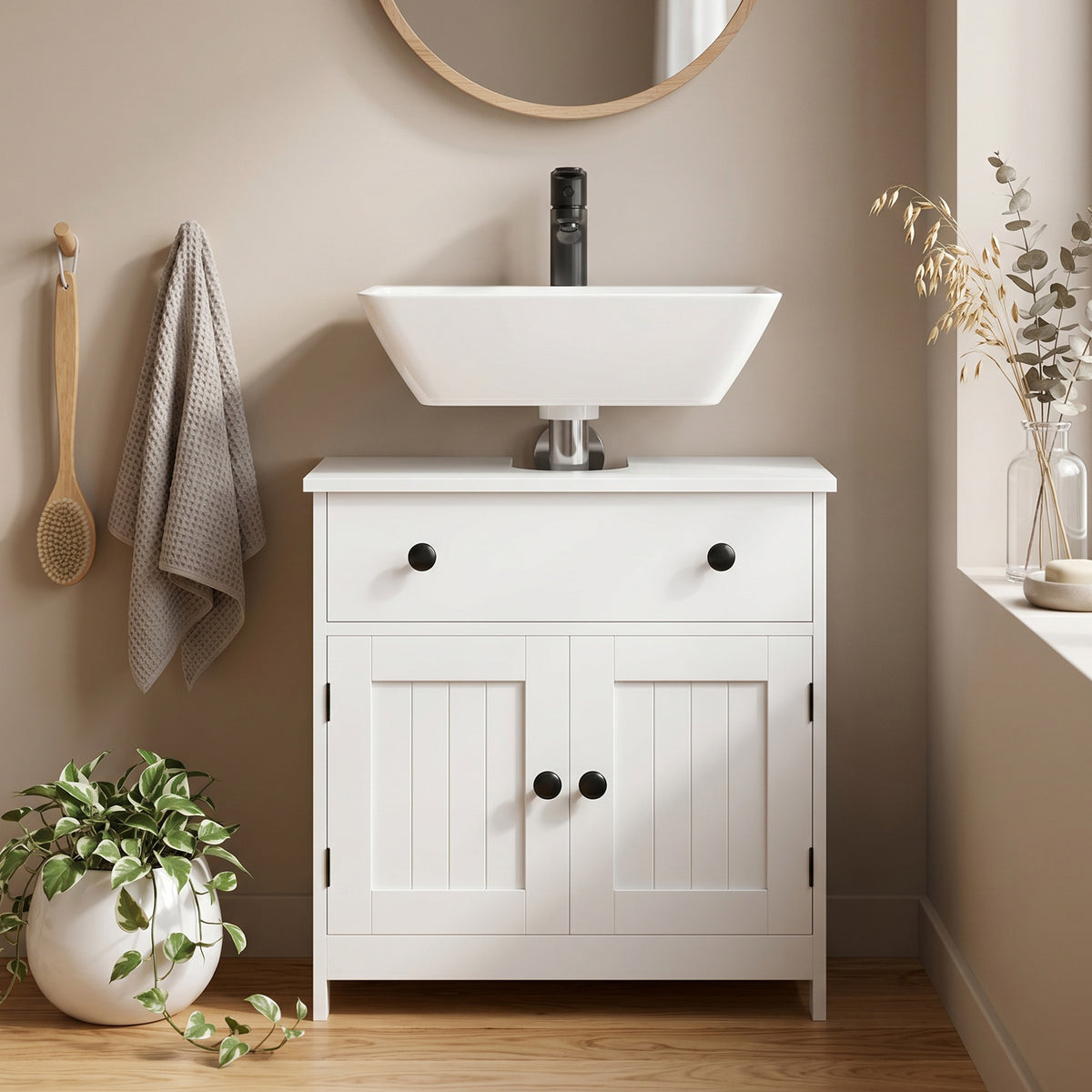 Meuble sous lavabo de salle de bain, meuble moderne sur pied avec charnières à fermeture douce, tiroir, 2 portes, blanc-7