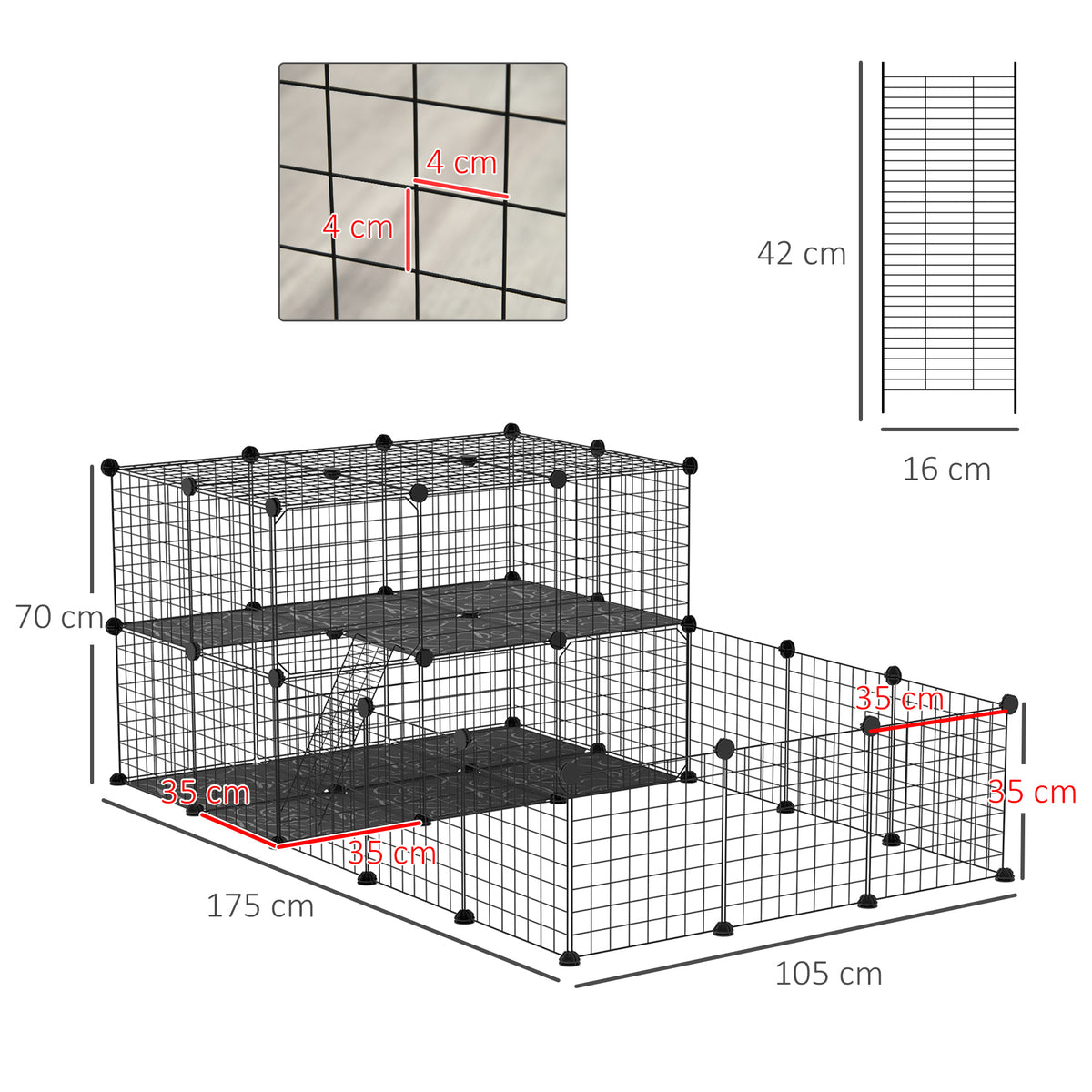 Parc enclos modulable DIY, 2 niveaux, enclos pour petits animaux, hamsters, lapins, cochon d'inde, panneaux grillagés, 45 panneaux, 175 x 105 x 70 cm, noir-2