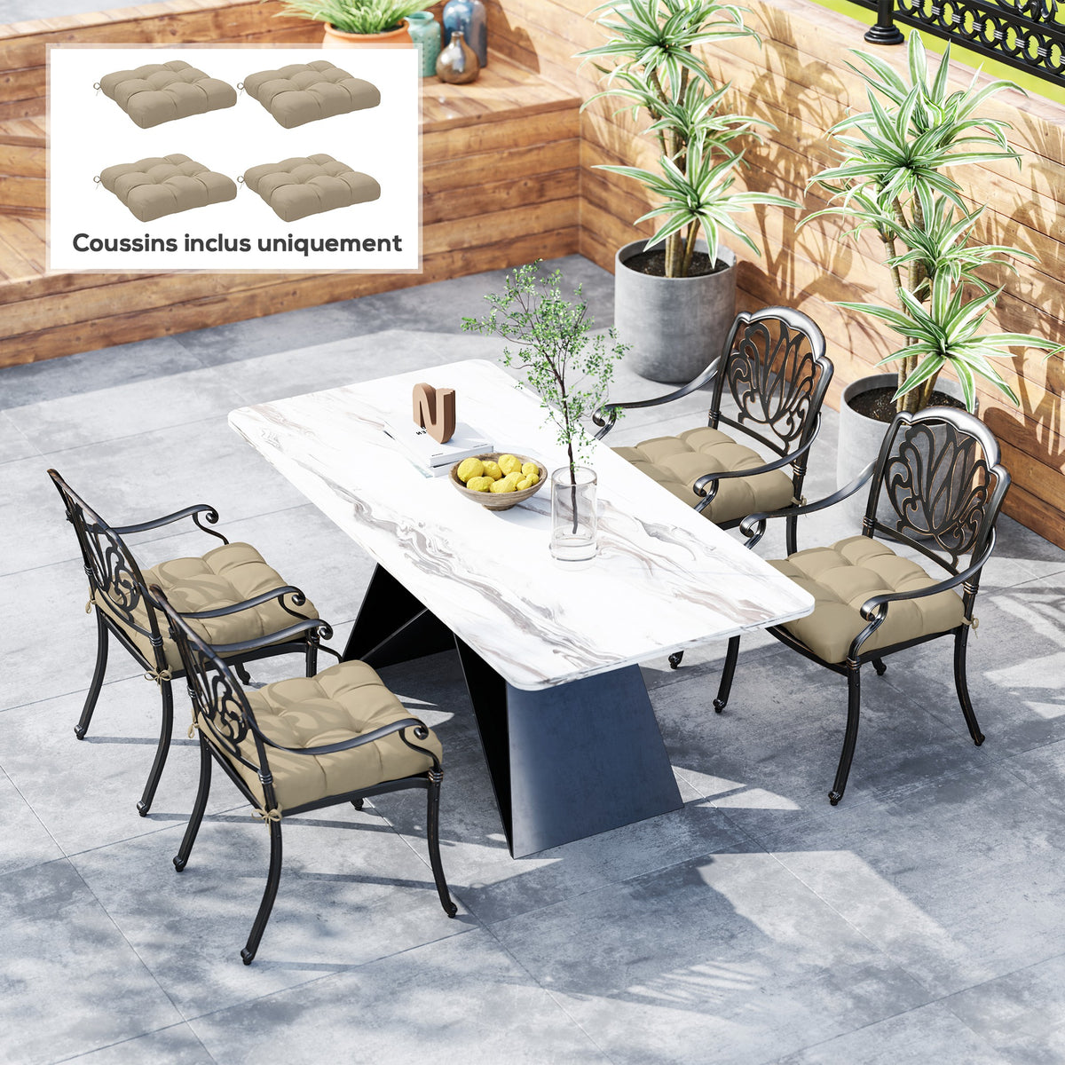 Lot de 4 coussins de chaise de jardin, coussins extérieurs capitonné, rembourrage 10 cm avec attaches, 48 x 48 cm kaki-9