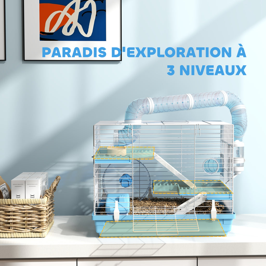 Cage pour hamster portable avec cabane, roue de course, gamelle, bouteille d'eau, 47,5 x 31,5 x 29,5 cm, bleu clair-4