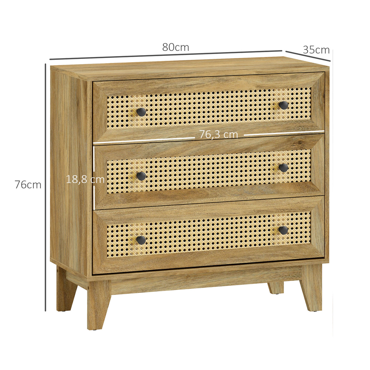 Commode 3 tiroirs meuble de rangement cannage en rotin aspect bois clair 80 x 35 x 76 cm-2