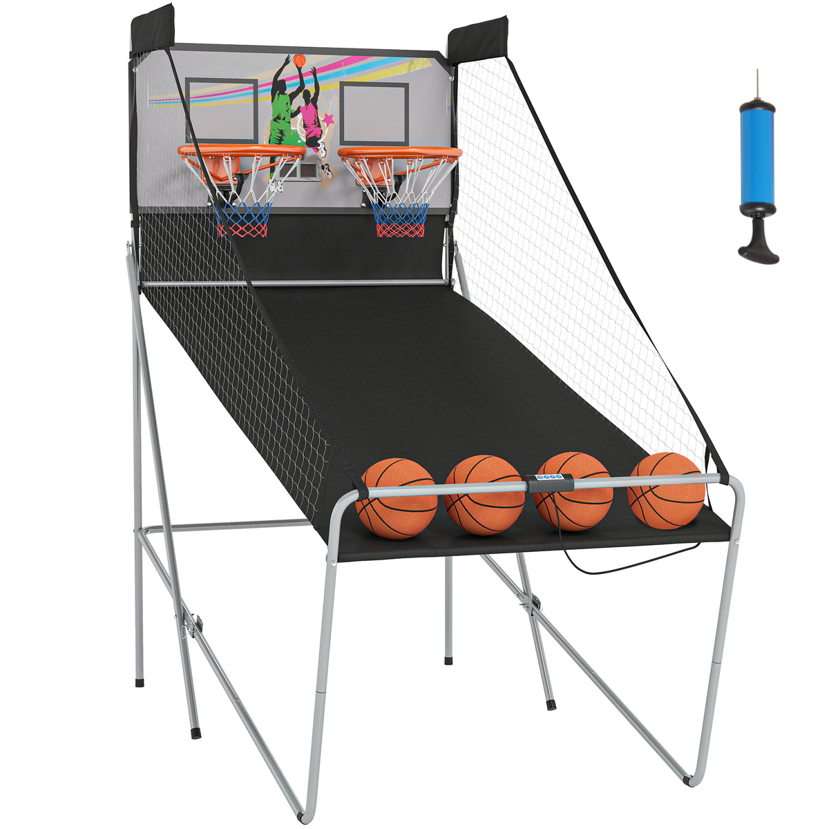 Jeu basketball arcade pliable 2 panier 4 balles pompe gonflage, système pointage, 4 205x110x205cm, noir blanc-0
