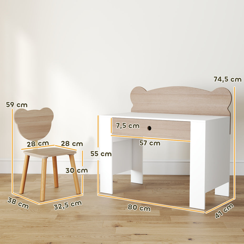 Bureau enfant avec chaise, table enfant et chaise avec tiroir et large plateau, 80 x 41 x 74,5 cm, bois naturel-2