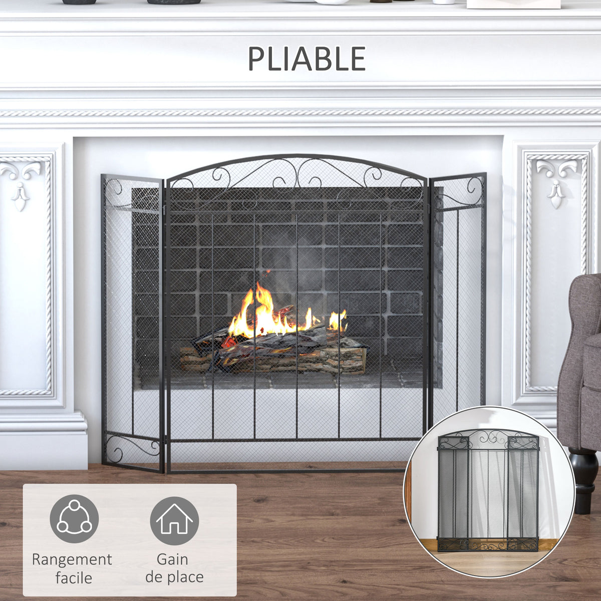 Grille de Protection pour cheminée - Pare-feu Large pour cheminée ou poêle - Pare-étincelles - barrière de sécurité - 3 Volets Pliables - Acier métal Noir-4