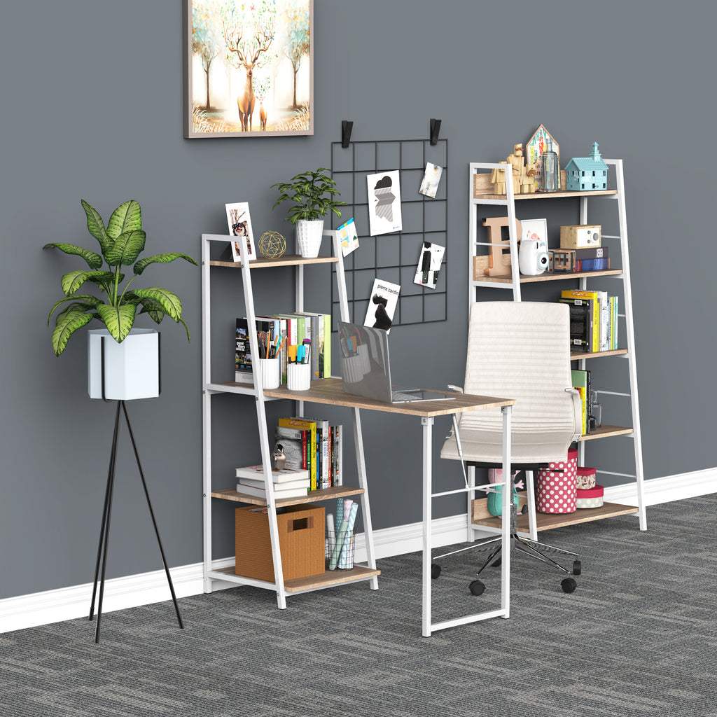 Bureau Pliable Rabattable - Bureau bibliothèque 2 en 1-4 étagères - Imitation Bois chêne Clair métal Blanc-9