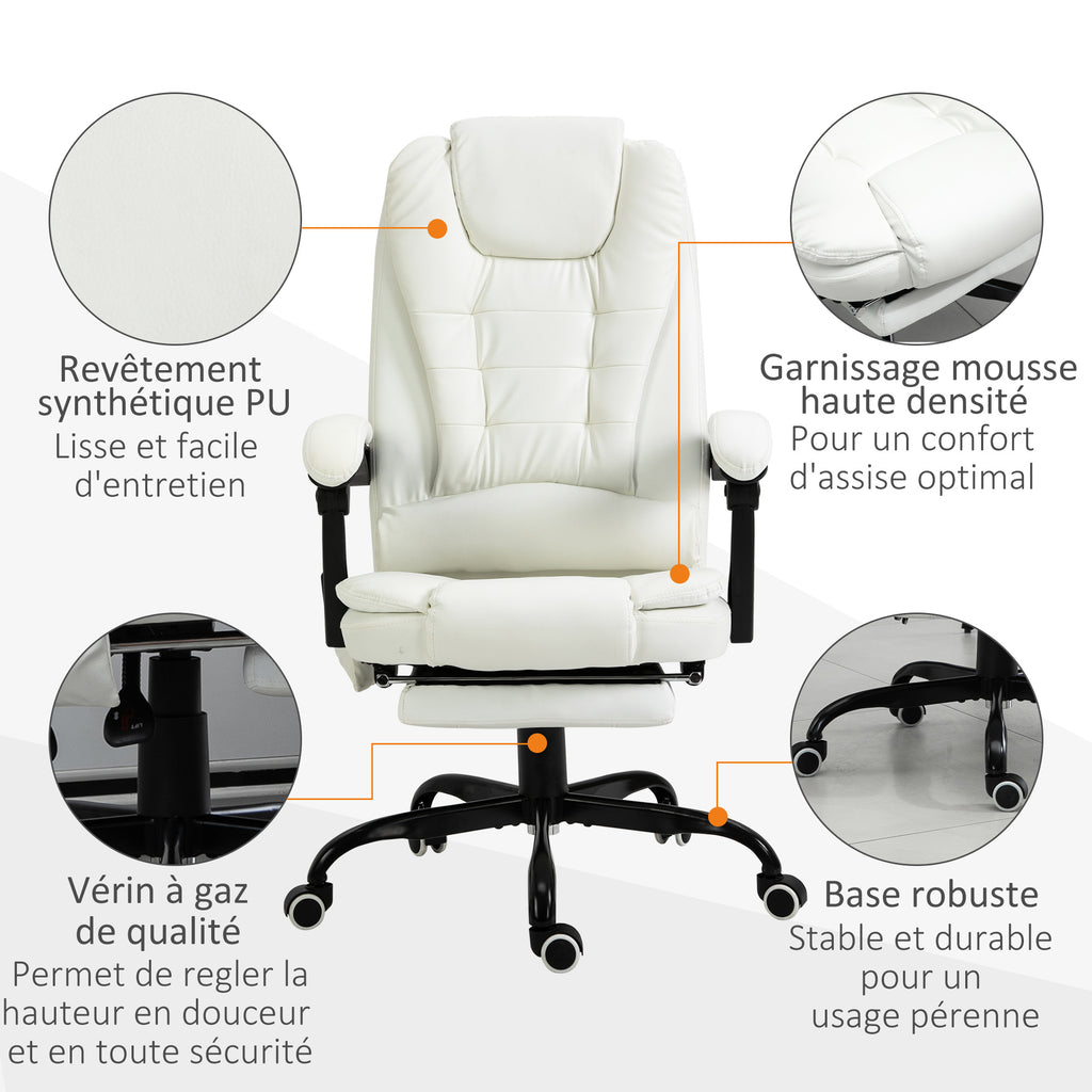 Fauteuil de Bureau Massant 7 Points, Chaise de Bureau Ergonomique avec Repose-pieds Rétractable, Dossier Inclinable 155°, Hauteur Réglable, Pivotant à 360°, télécommande Filaire, Blanc-3