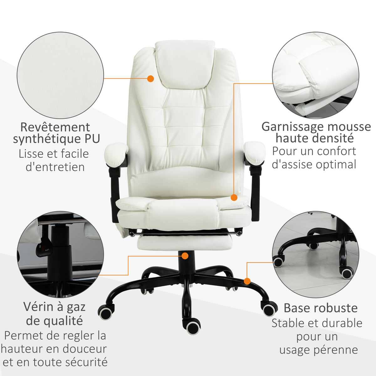 Fauteuil de Bureau Massant 7 Points, Chaise de Bureau Ergonomique avec Repose-pieds Rétractable, Dossier Inclinable 155°, Hauteur Réglable, Pivotant à 360°, télécommande Filaire, Blanc-3