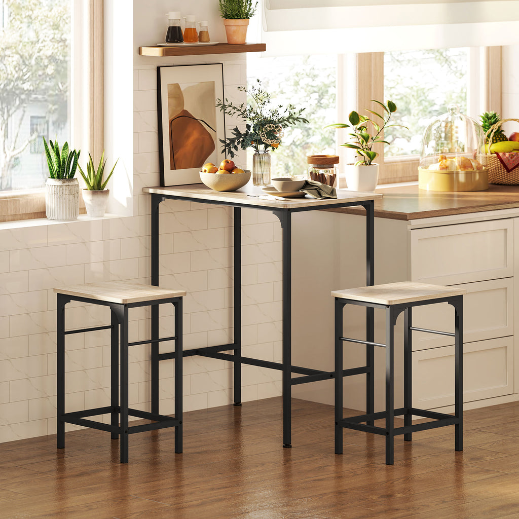 Ensemble table de bar avec 2 tabourets, cadre en acier pour cuisine, salle à manger et salon, effet bois naturel-1