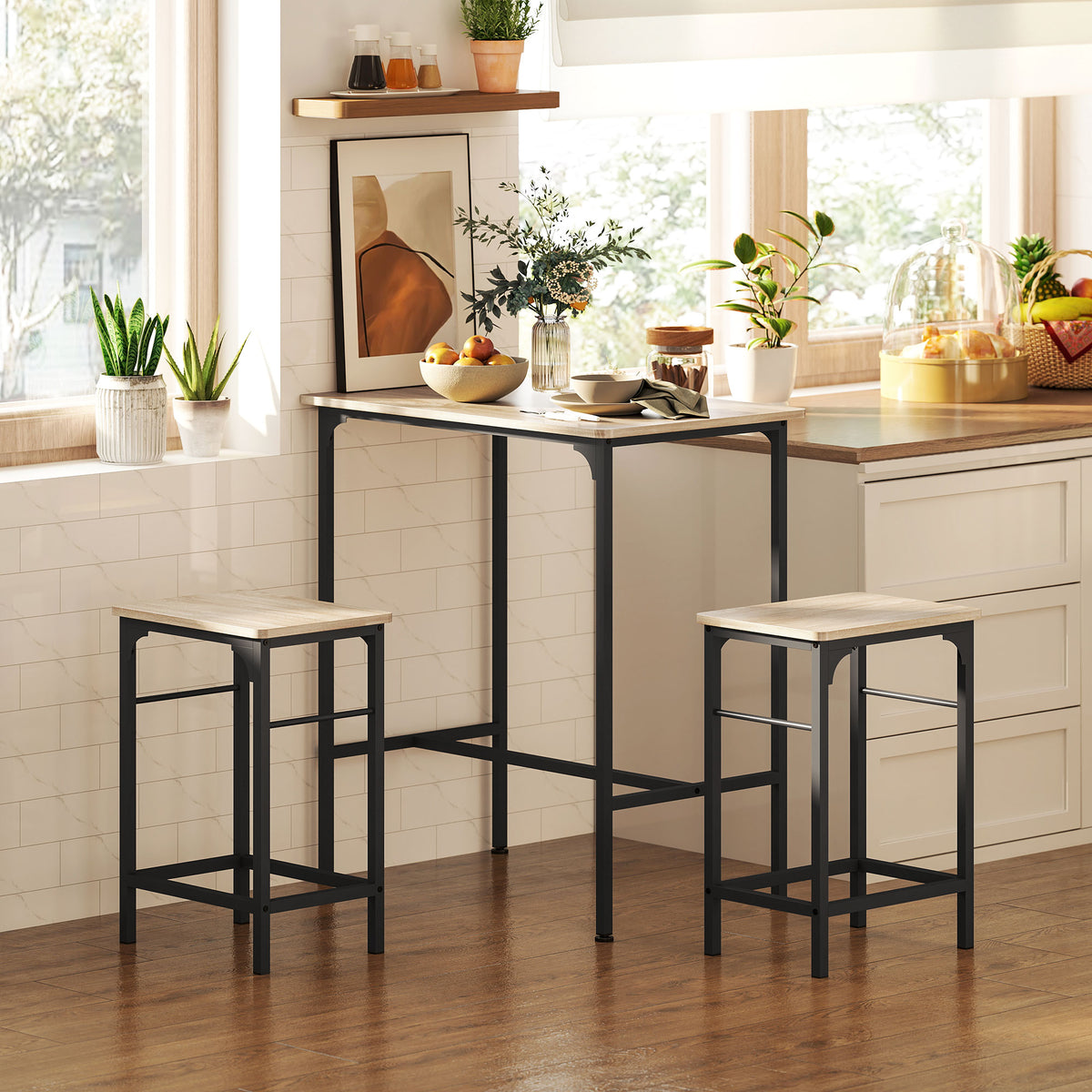 Ensemble table de bar avec 2 tabourets, cadre en acier pour cuisine, salle à manger et salon, effet bois naturel-1