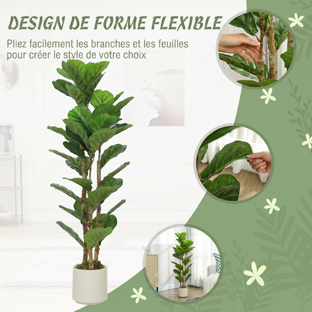Lot de 2 plantes artificielles 120 cm Figuier lyre arbre artificiel avec pot en plastique et tronc en bois massif, vert-5