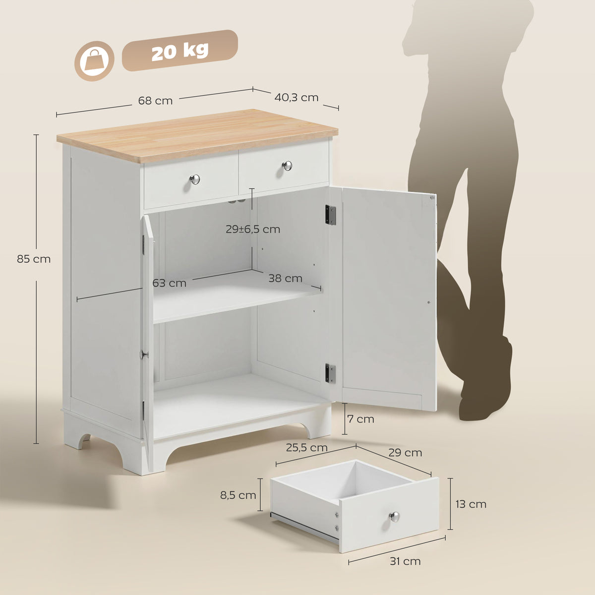 Meuble de rangement buffet salon avec placards à portes, 2 tiroirs et étagère réglable, armoire de rangement pour salon, cuisine, chambre, blanc et bois naturel-2