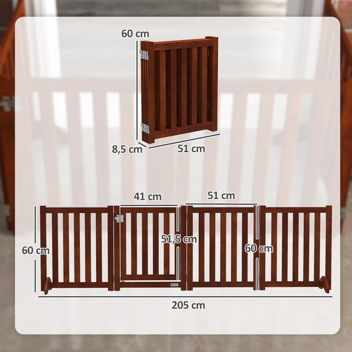 Barrière de sécurité chien pliable double face en bois, 4 panneaux avec porte, pieds de support, 205 x 60 cm, marron-2