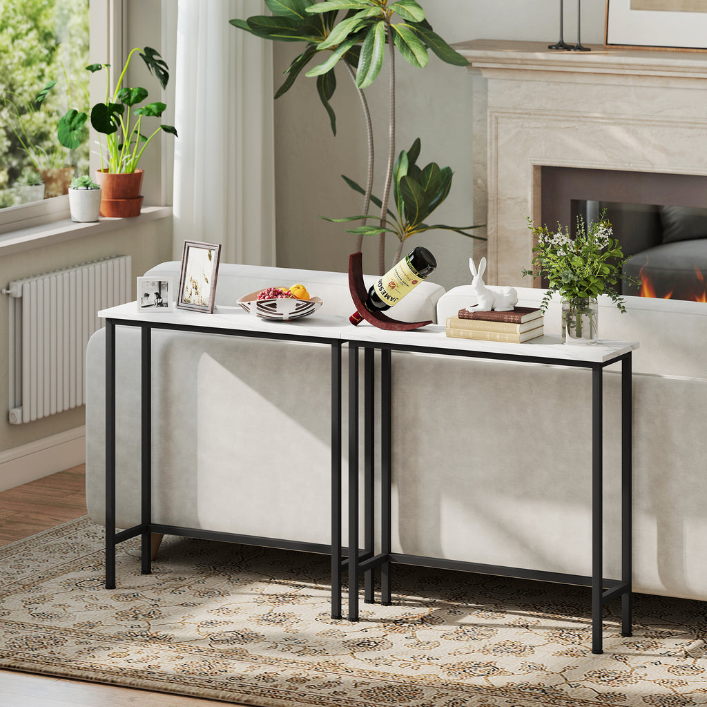 Console meuble 75 cm, table console plateaux en effet marbre, cadre en métal, style moderne blanc et noir-7
