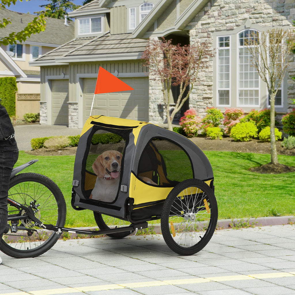 Remorque de vélo pour chien avec fenêtres en maille réflecteurs et drapeau de sécurité 140 x 71 x 83 cm jaune-1