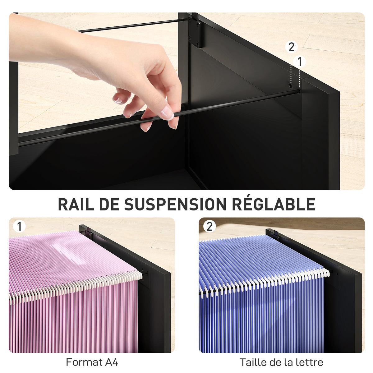 Caisson bureau, meuble rangement bois 2 tiroirs et serrure, barres de suspension réglables, 40 x 40 x 71 cm, noir-4