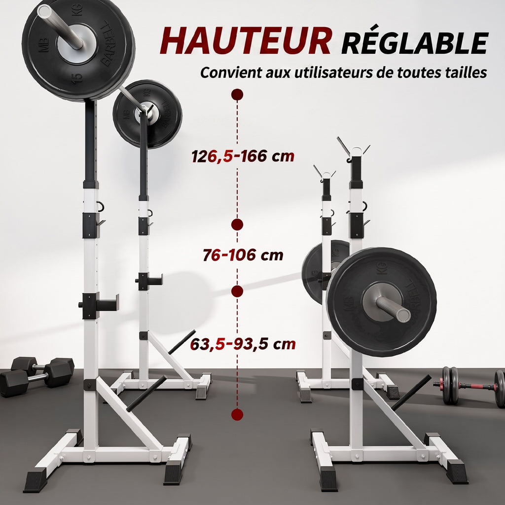 Squat Rack Réglable en Acier, Charge 200 kg, Support pour 3 Barres d'Haltères avec Crochets, 58,5x75,5x136-176cm, Argent-4