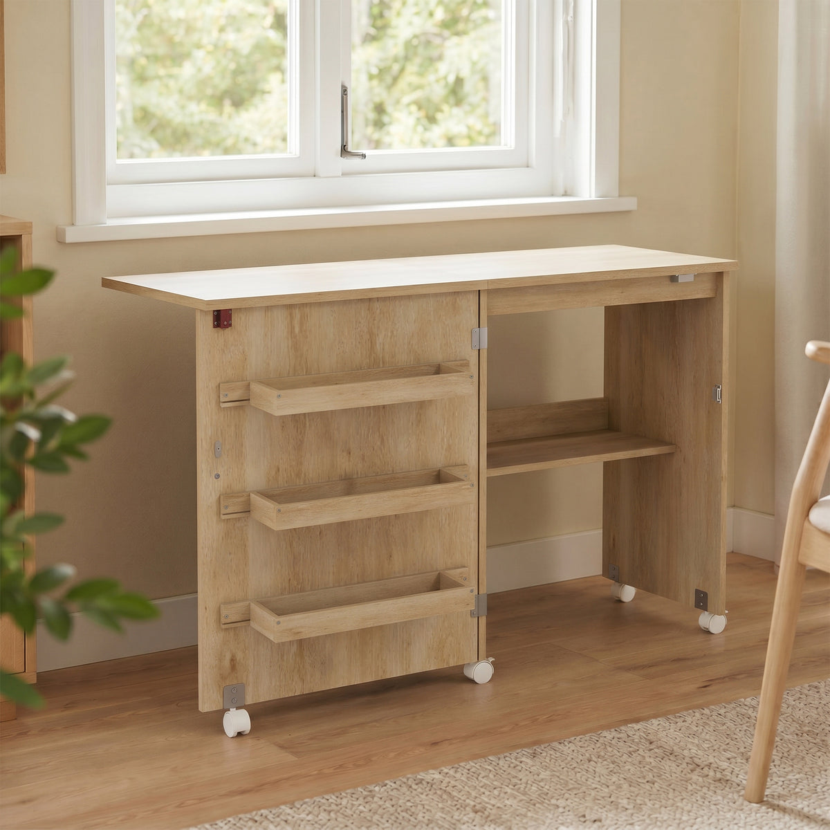 Table de couture pliante meuble couture à abattant avec bacs de rangement, étagère ouverte et roulettes, bois naturel-1